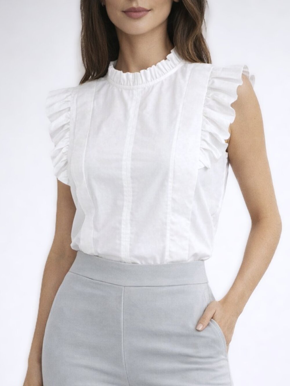 Melissa Nepton White Ruffle Blouse • Sleeveless • Size XS • NWT
